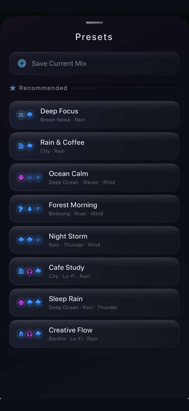 Focusnest presets screen