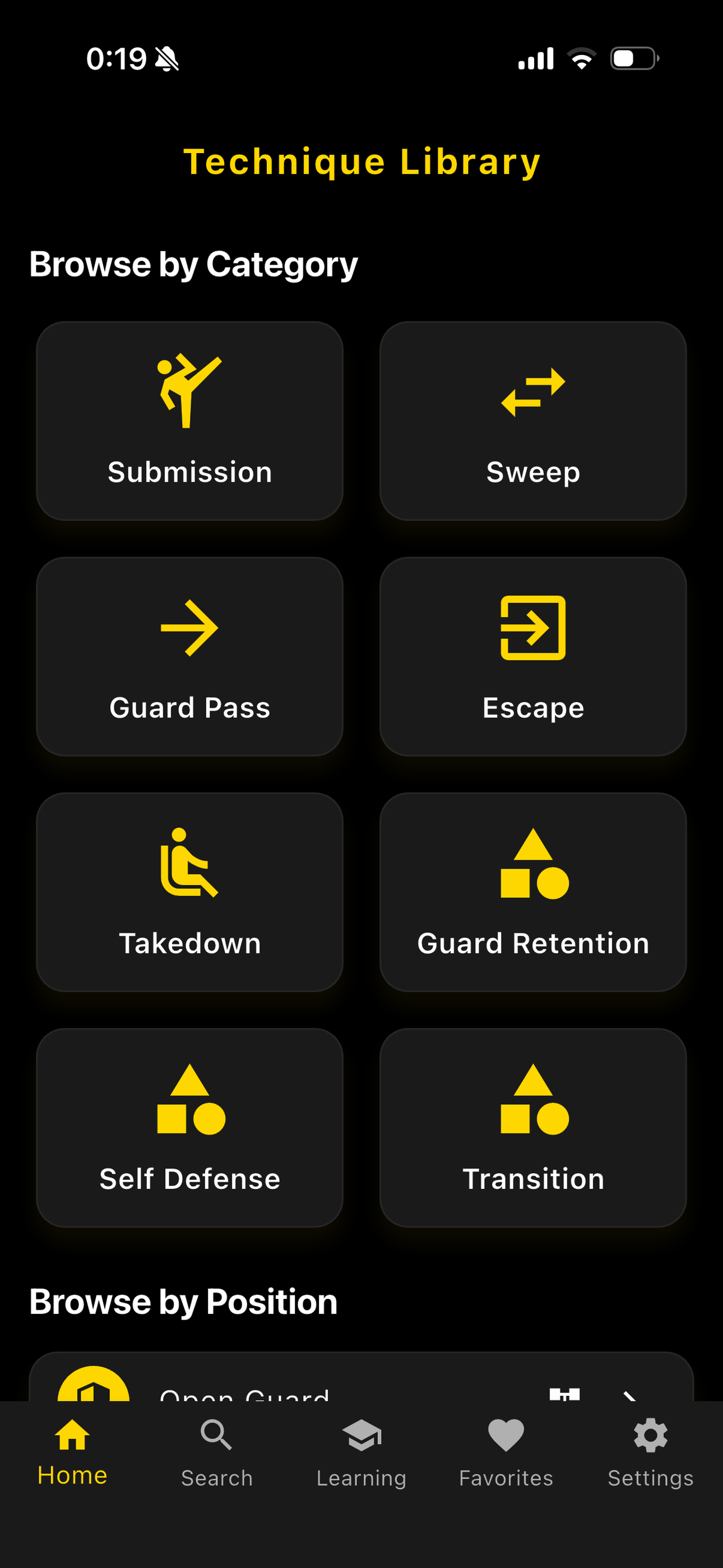 BJJ Techniques home screen