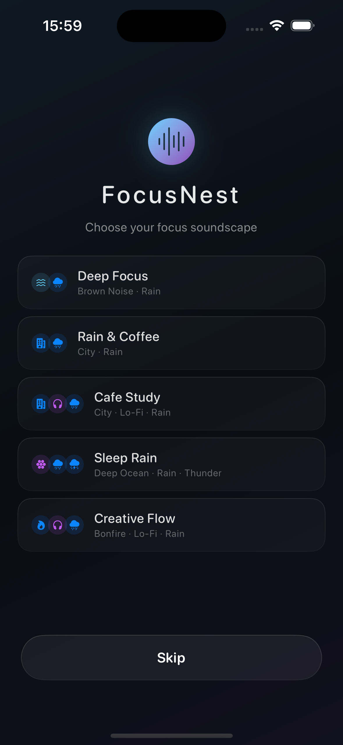 FocusNest mixer screen