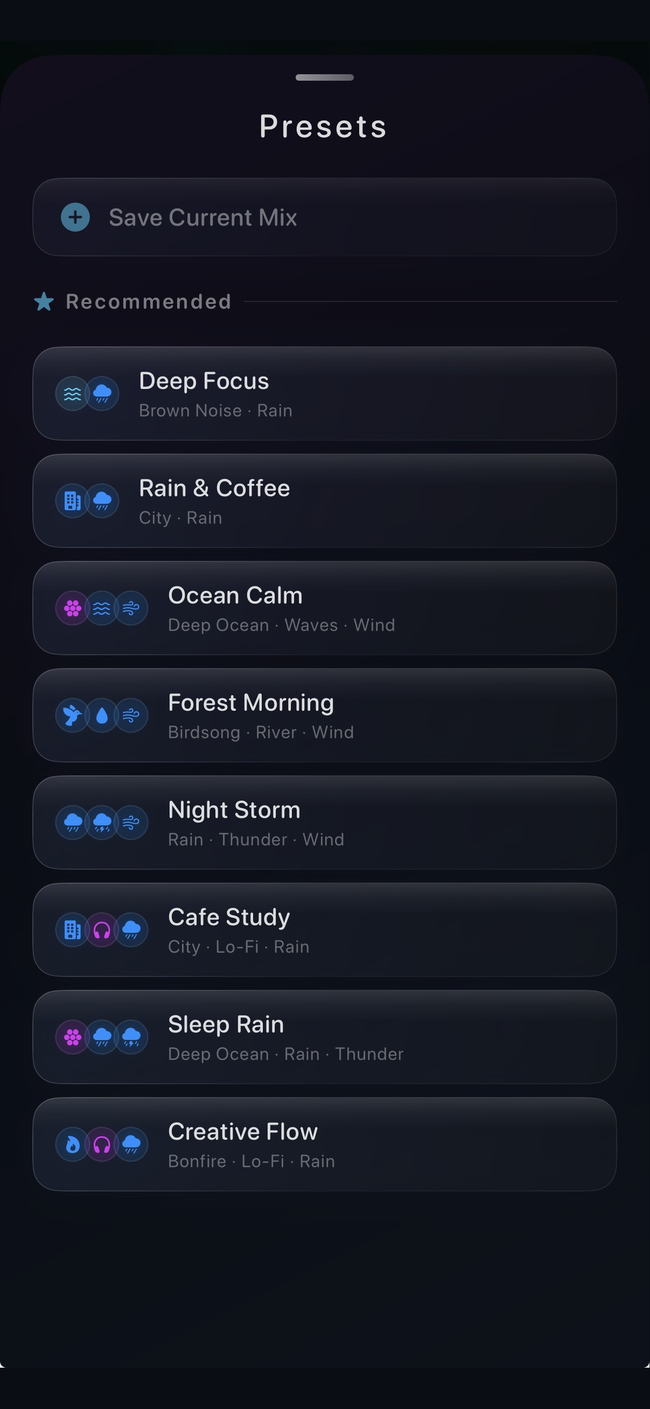 FocusNest presets screen